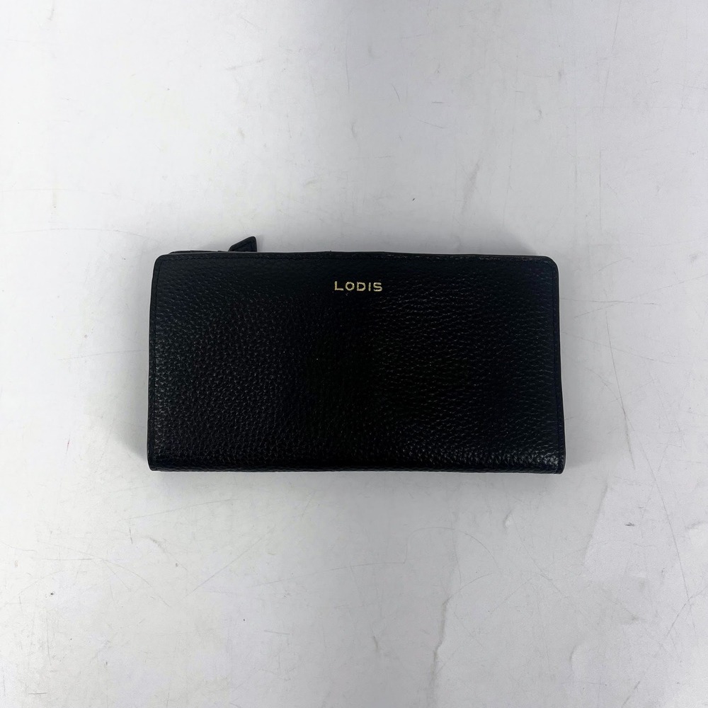 Lodis‎ Black Pebbled Leather Slim Bifold Wallet Gold Hardware Card Organizer